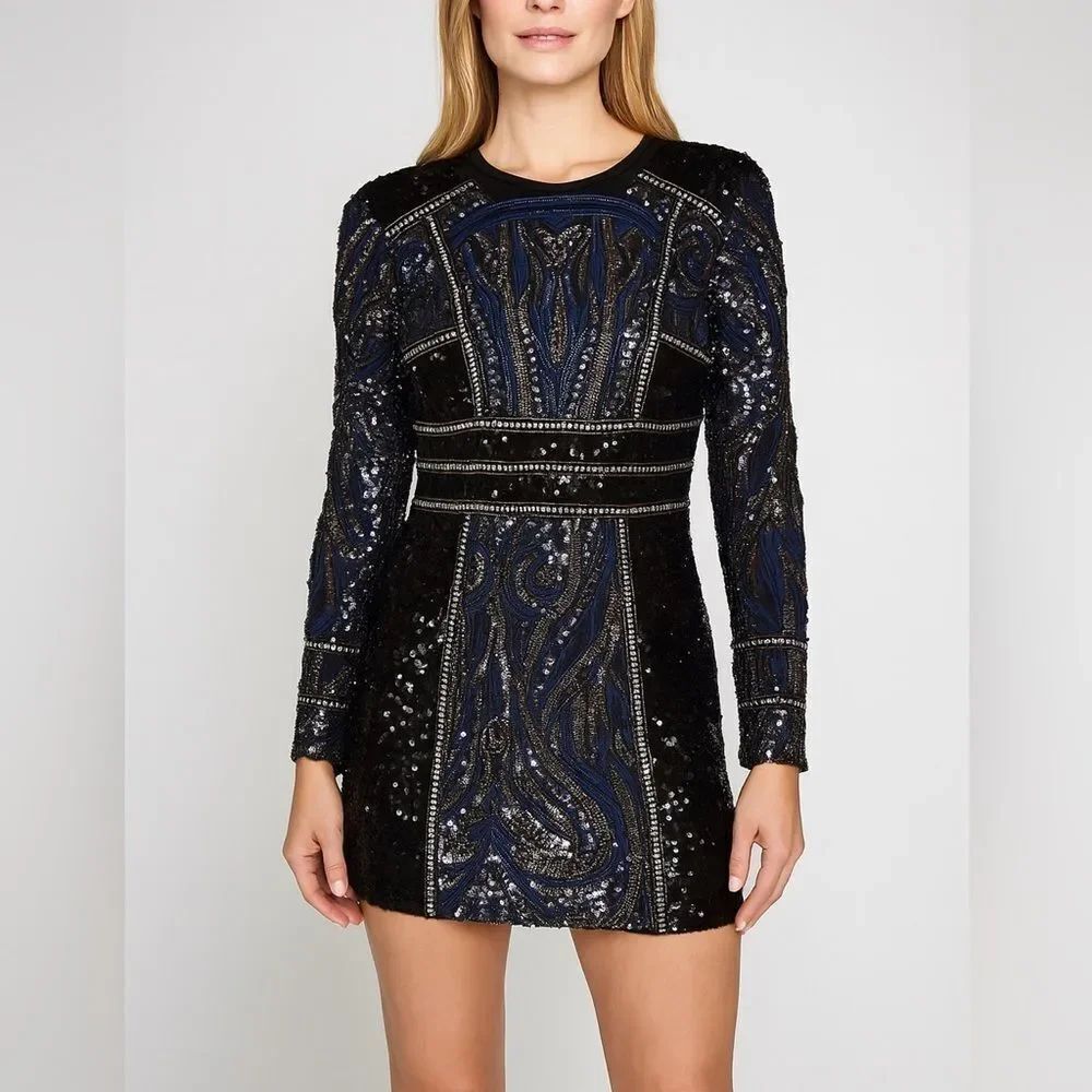L'atiste Sequin Beaded Crew Neck Long Sleeve Mini Dress Size L